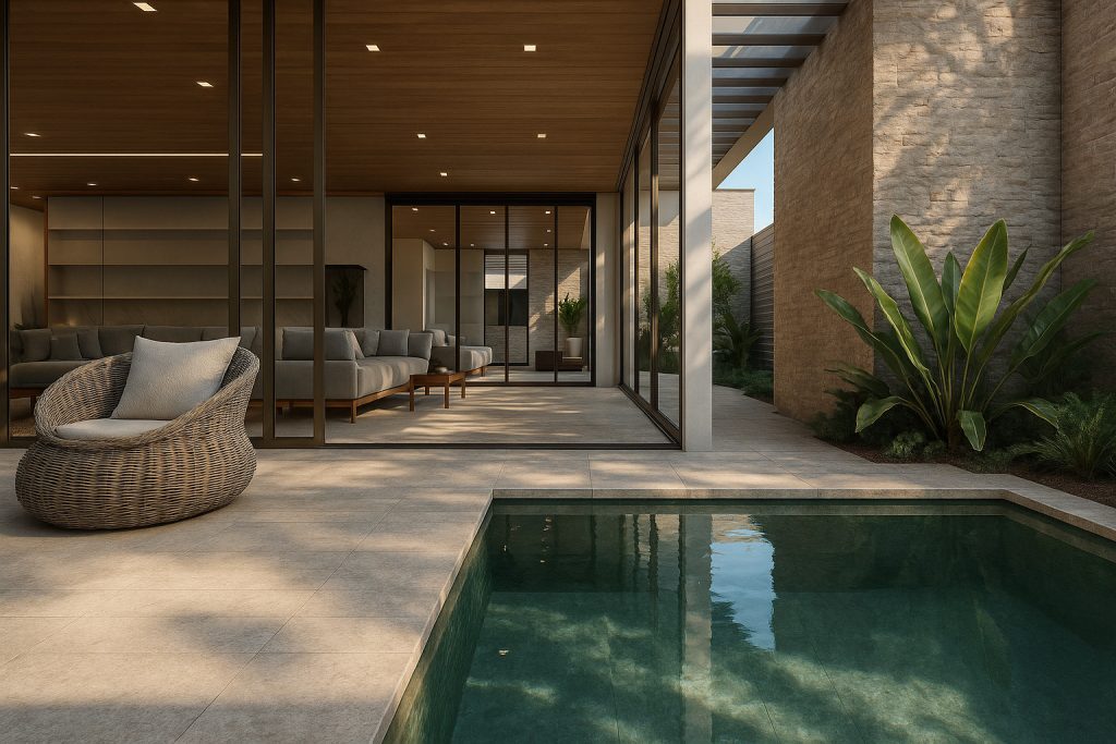 Piscina integrada ao jardim em sobrado de luxo com design autoral