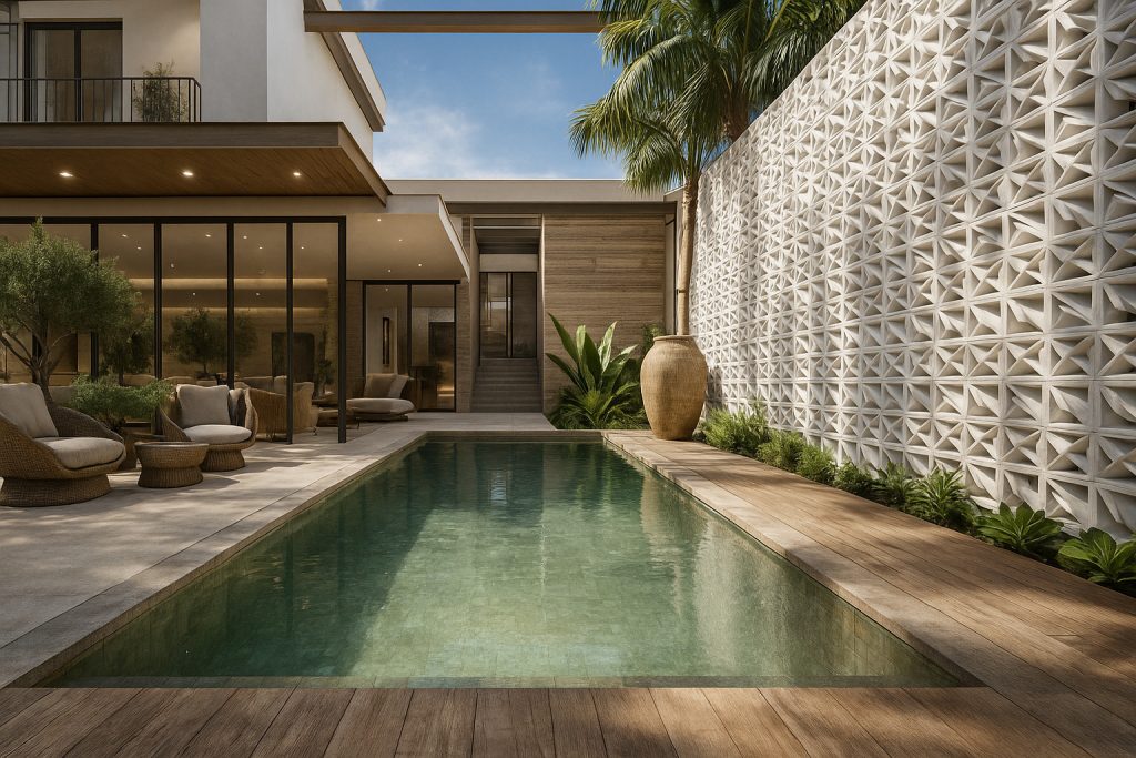 Espaço gourmet com madeira e integração ao paisagismo e piscina