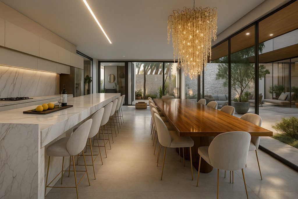 Ambientes integrados em sobrado de luxo com cozinha gourmet