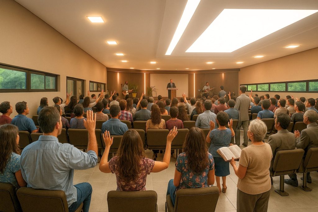 Interior de igreja moderna com fiéis participando de culto em espaço amplo