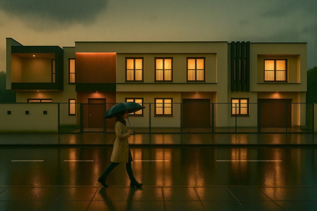 Mulher caminhando com guarda-chuva em frente à fachada moderna de kitnets durante chuva noturna, com luzes internas amareladas destacando a arquitetura acolhedora.