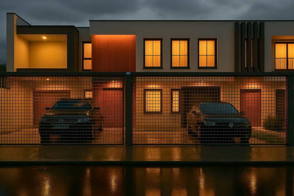 Garagem de kitnets modernas com dois veículos estacionados, protegidos por portão metálico, em cena noturna com iluminação quente e clima urbano.