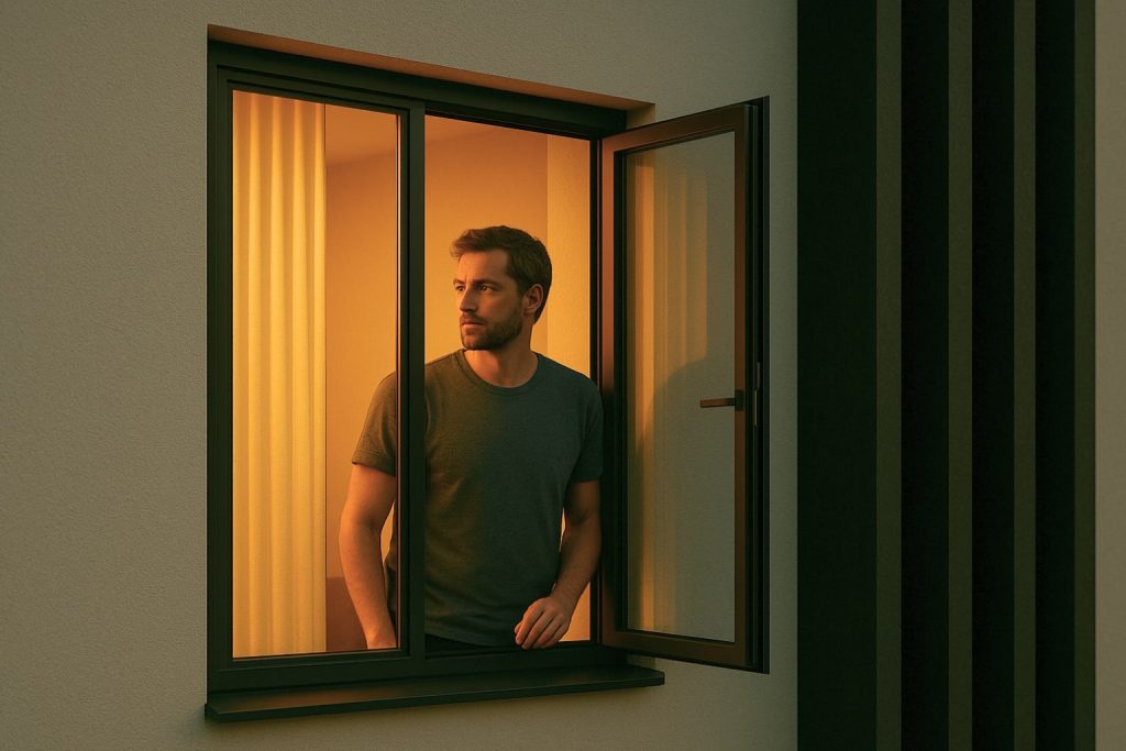 Homem contemplando o exterior a partir de uma janela aberta com iluminação interna quente e acolhedora, em um projeto contemporâneo de kitnet.