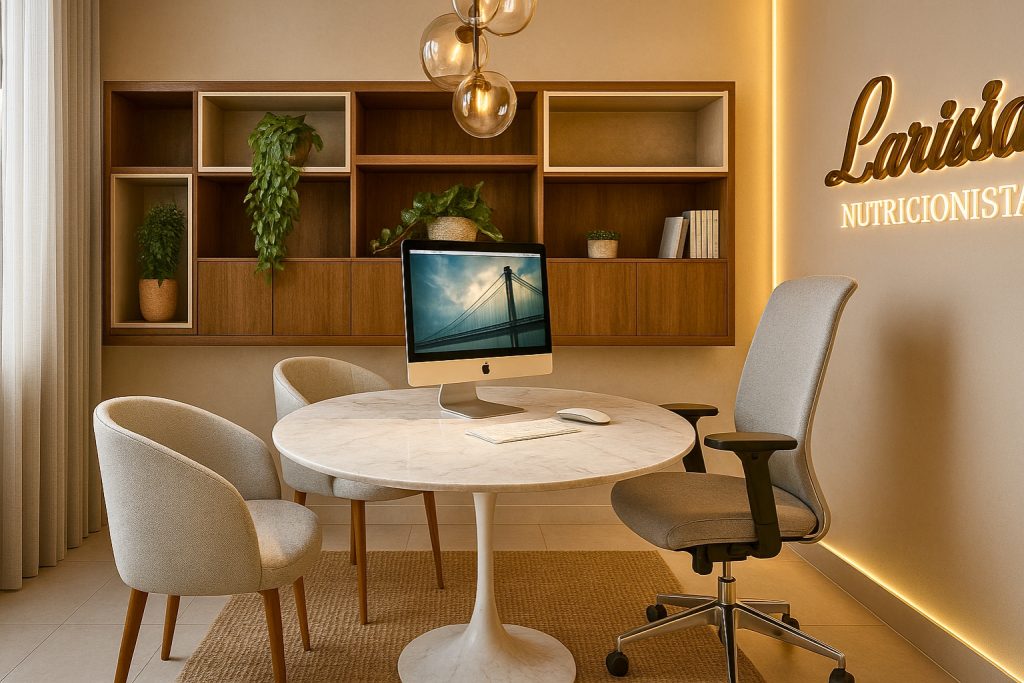 Sala de atendimento de consultório de nutricionista com mesa redonda, iluminação embutida e tons neutros em projeto da HL Arquitetura.