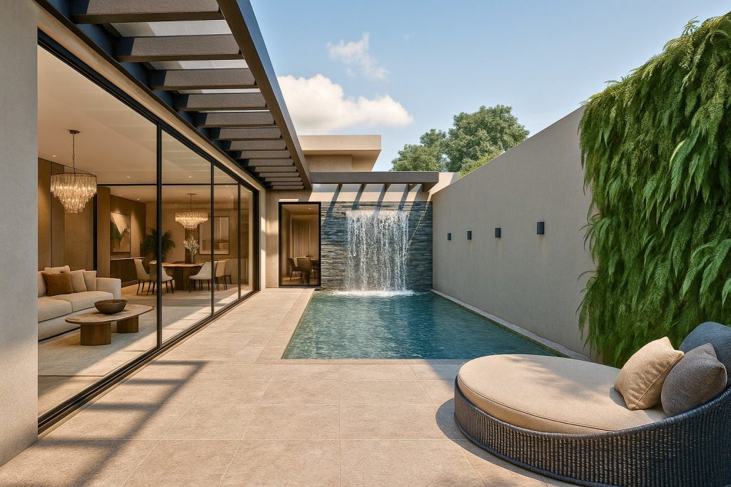 Área de lazer com piscina e cascata em projeto de residência térrea contemporânea da HL Arquitetura e Construção.