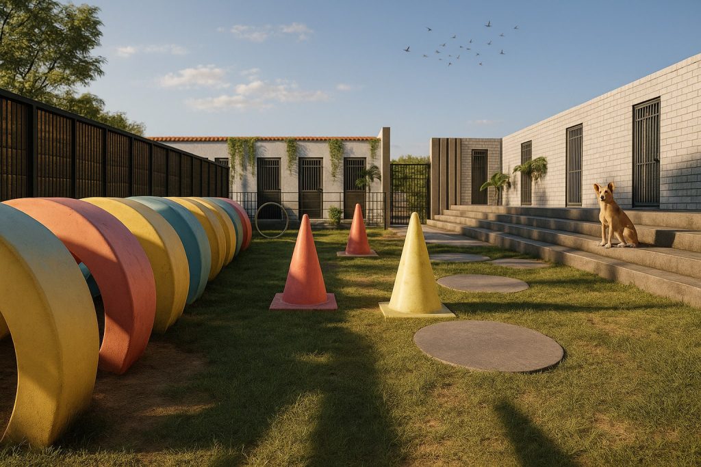 Área de recreação para cães com circuito lúdico em projeto de canil de alto padrão assinado pela HL Arquitetura e Construção.